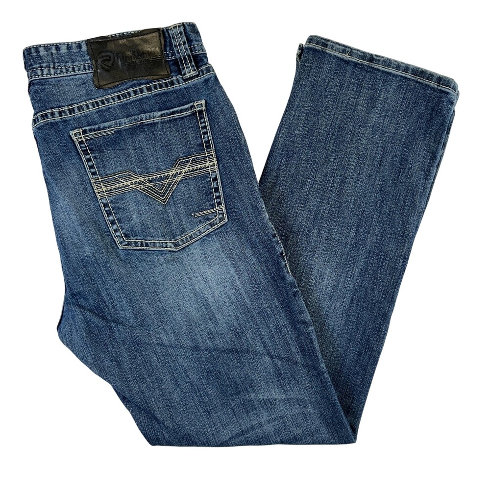 Rock & Roll Denim Revolver Jeans Mens 36x31 Medium Wash Straight Stretch Zip Fly